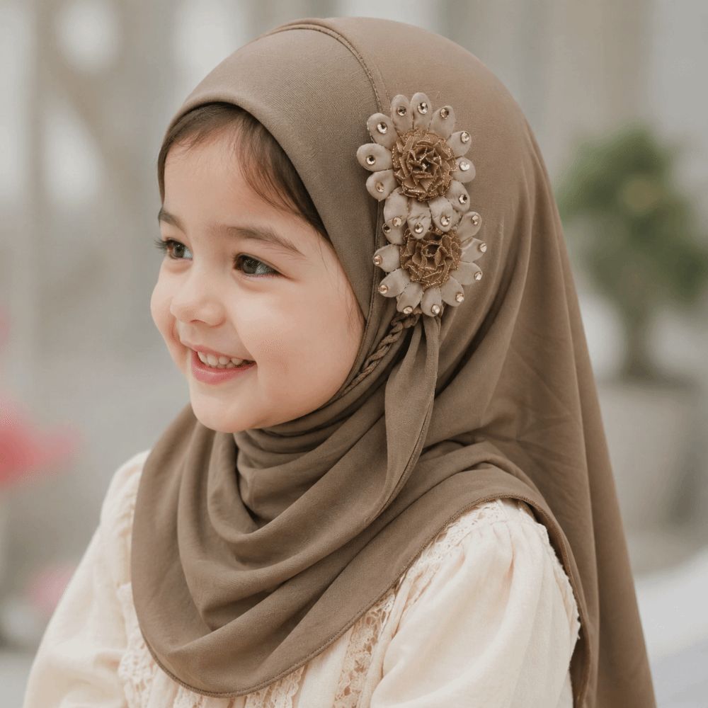 Ethnic Fashion Girls - Moda Düz Çiçekli Çocuk Başörtüsü Etnik